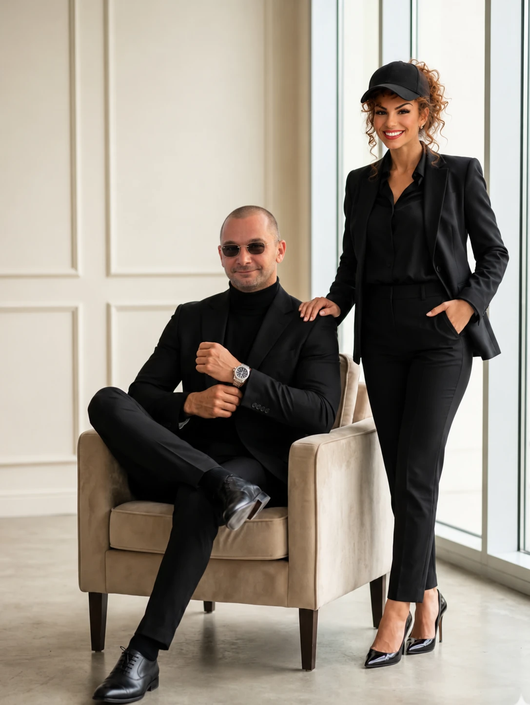 Isi és TWINTY fekete öltönyben, világos enteriőrben